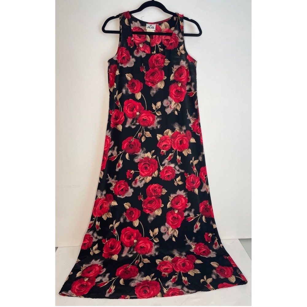 Vintage 90's Jalate Black Red Rose Floral Dress Sleeveless‎ Size 7, VY2K